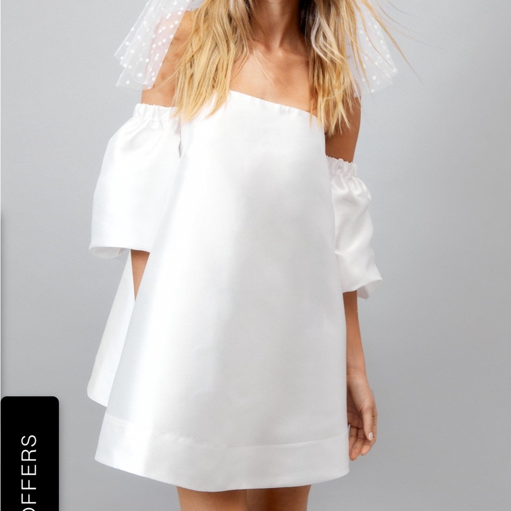 Structured Off The Shoulder Puff Sleeve Mini Bridal dress